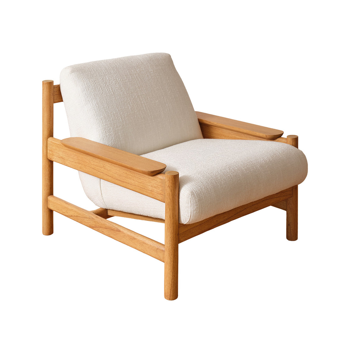 MARCEL - Sillón de madera maciza de mindi natural y tela blanca