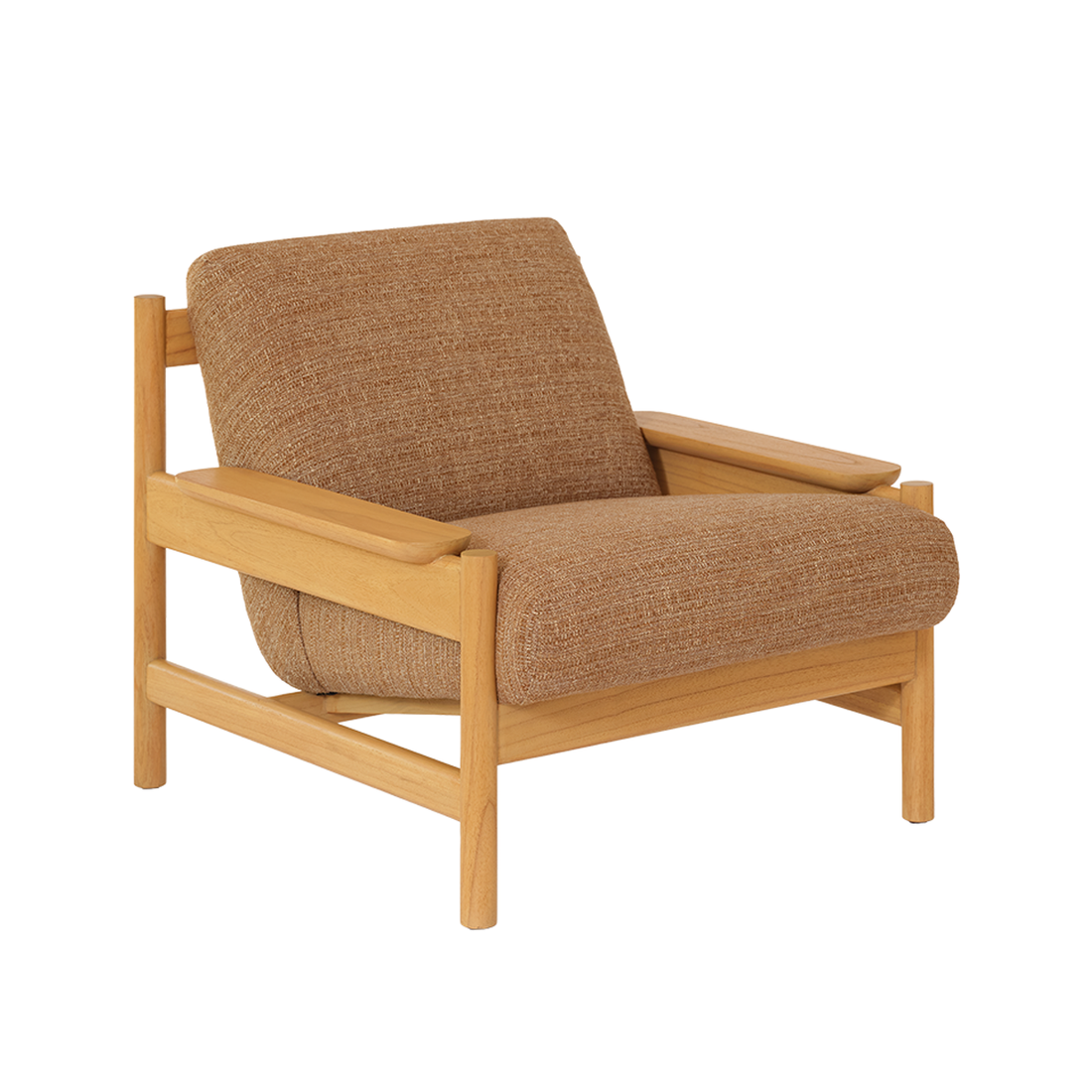 MARCEL - Sillón de madera maciza de mindi natural y tejido texturizado color capuchino