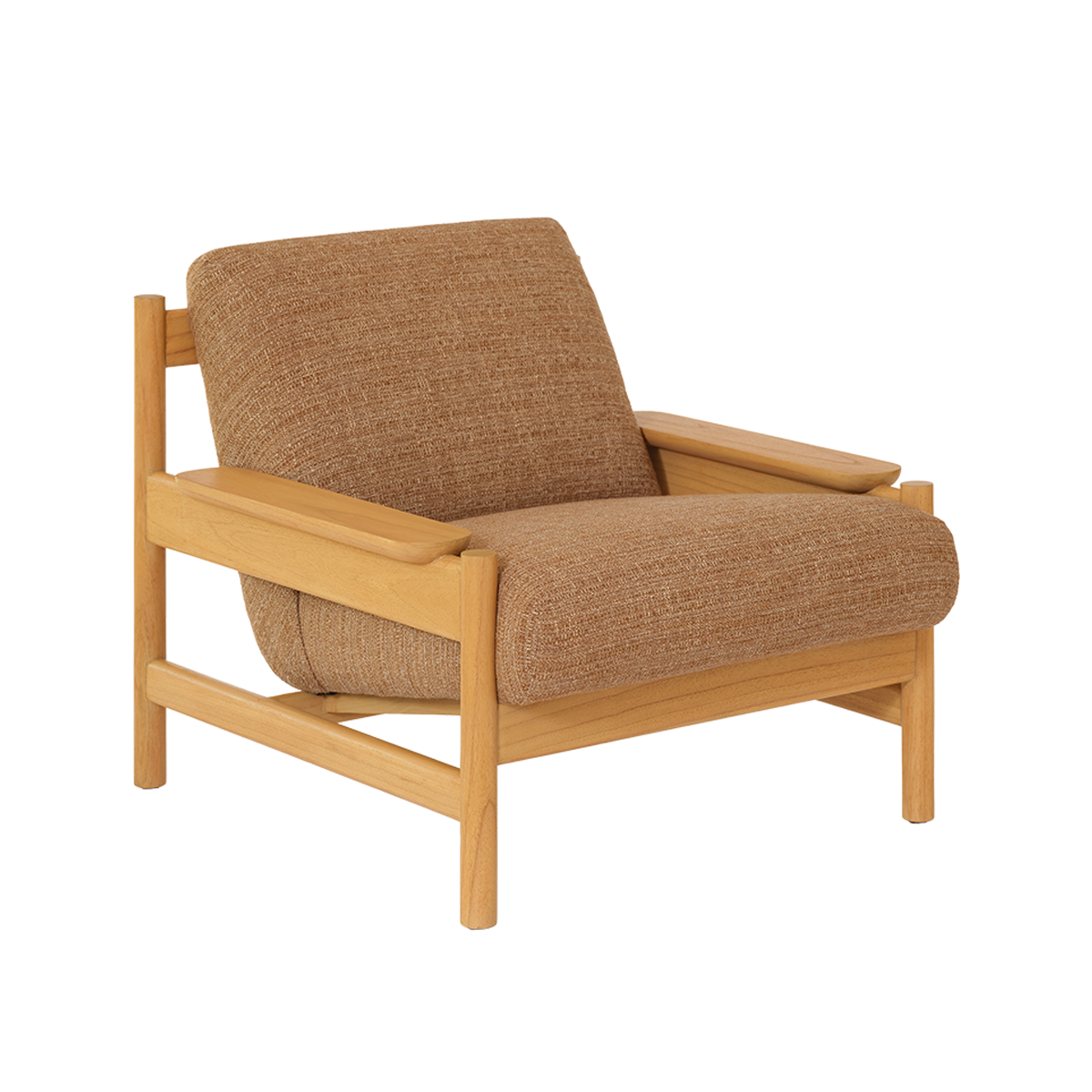 MARCEL - Sillón de madera maciza de mindi natural y tejido texturizado color capuchino