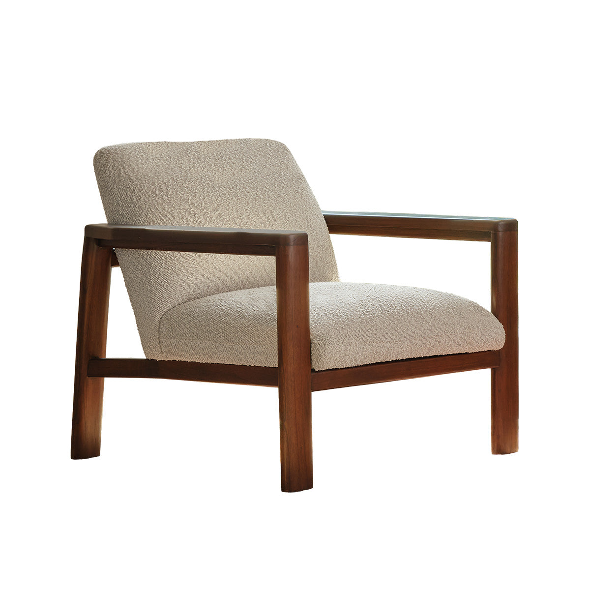 GABRIEL - Sillón de madera maciza de mindi y tela bouclé en color topo jaspeado
