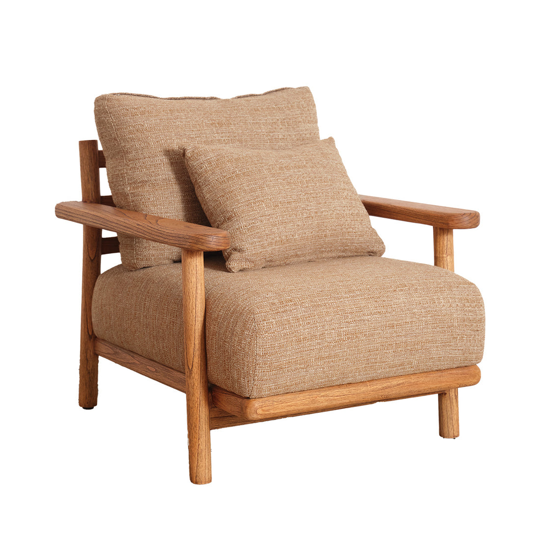 ELIAS - Sillón de madera maciza de mindi con acabado patinado y tela color capuchino