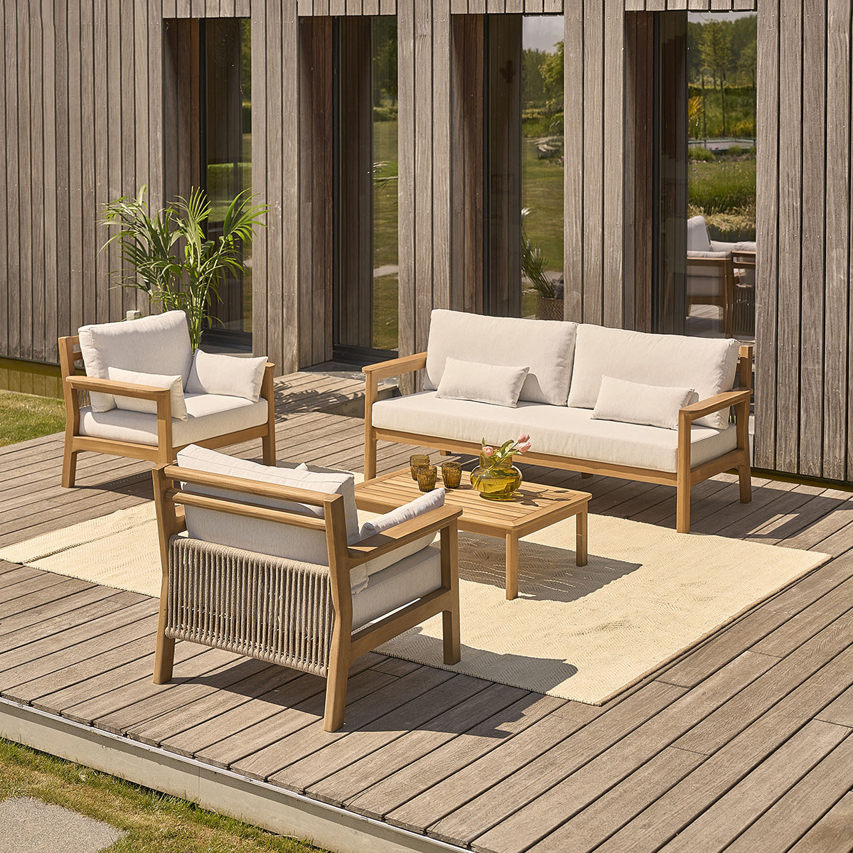 MAORA - Sillón de jardín de teca maciza con cojines