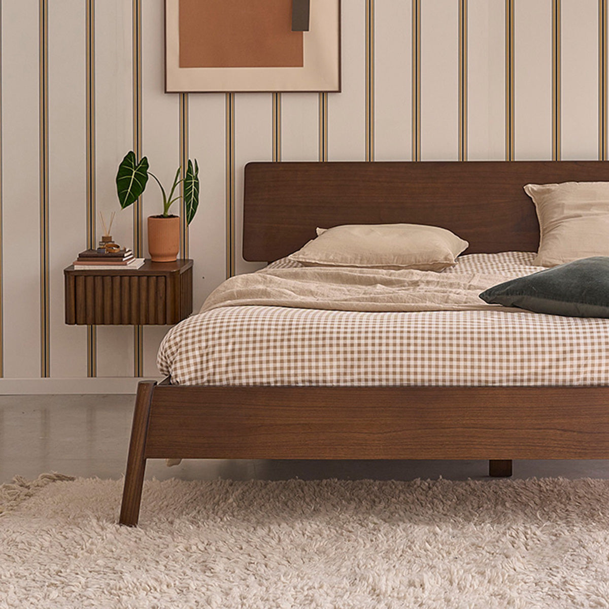 VINTAGE - Cama de madera de mindi con acabado nogal 180 cm con somier