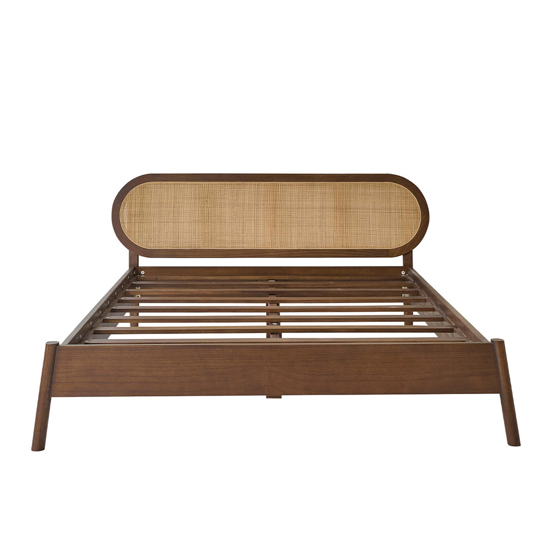 LILA - Cama de madera de mindi y mimbre con acabado en nogal, 180 cm, con somier