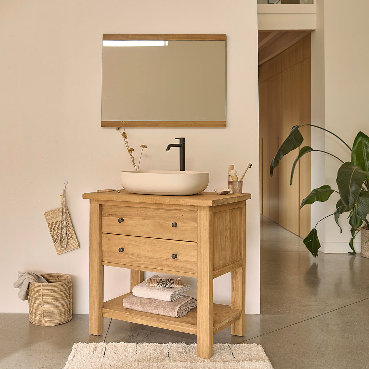 NAHELE - Mueble de lavabo de teca maciza reciclada 82 cm