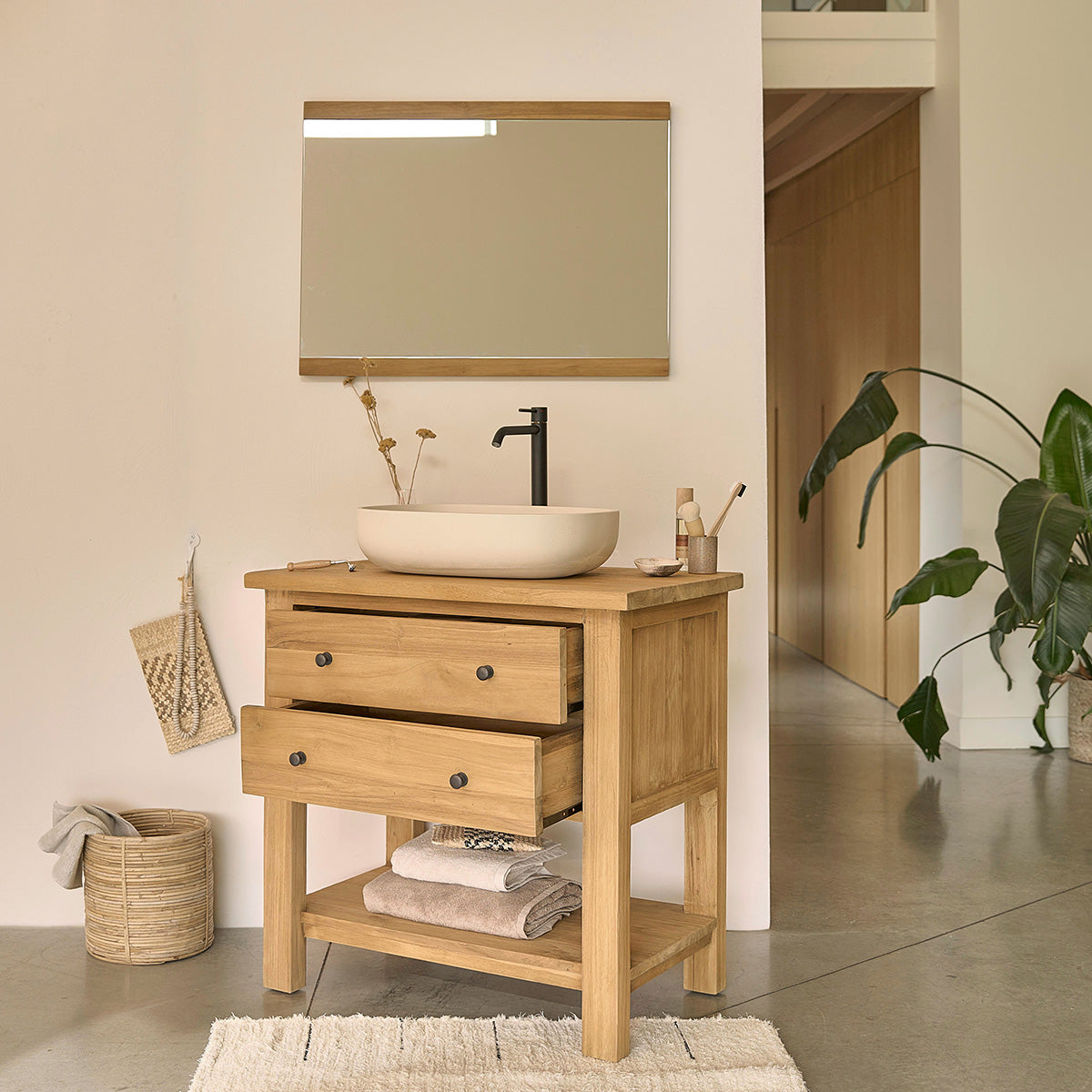 NAHELE - Mueble de lavabo de teca maciza reciclada 82 cm