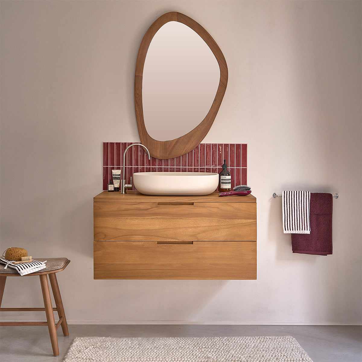 MAË - Mueble bajo lavabo suspendido de teca maciza de 80 cm