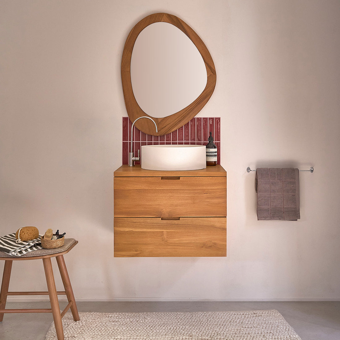 MAË - Mueble bajo lavabo suspendido de teca maciza de 60 cm