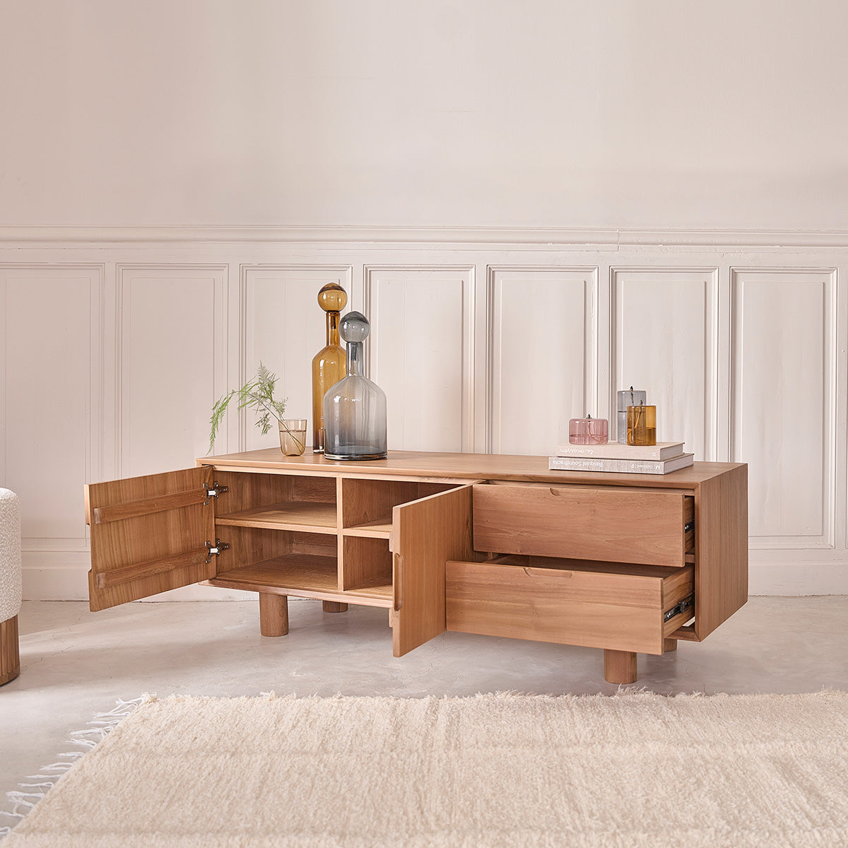 GUSTAVE - Mueble de TV de teca maciza de 150 cm