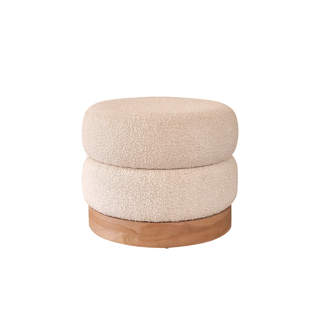 SERENE - Puf de teca maciza y tejido bouclette blanco Ø55 cm