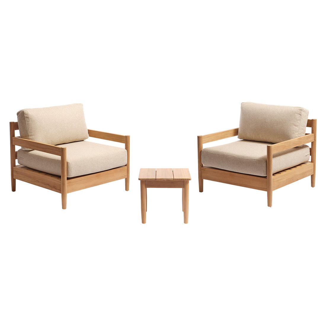 CALVI - Conjunto de jardín bajo de teca maciza con cojines beige jaspeado para 2 personas.