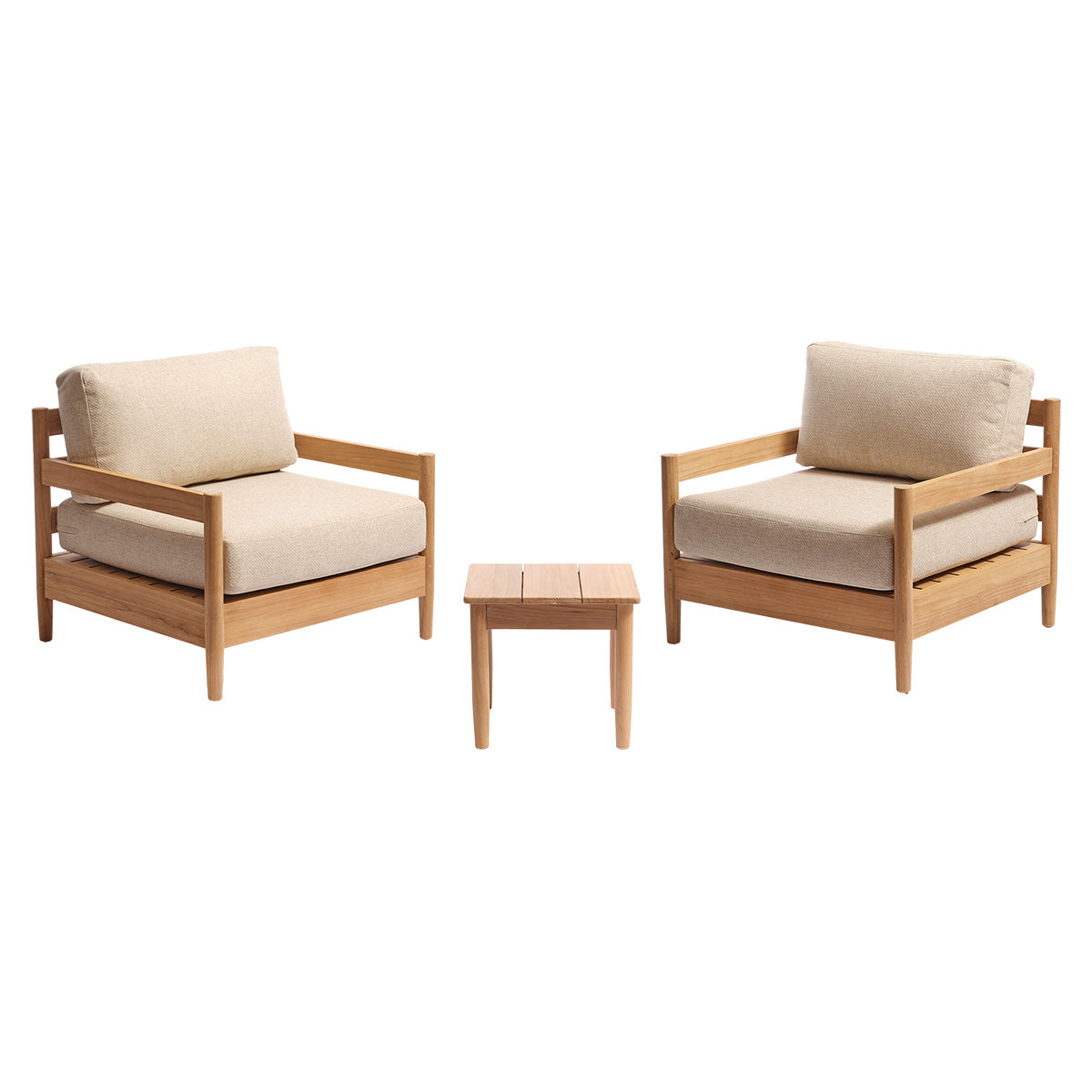 CALVI - Conjunto de jardín bajo de teca maciza con cojines beige jaspeado para 2 personas.