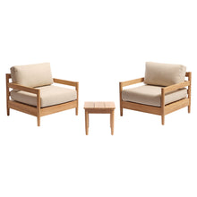 Conjunto de jardín bajo de teca maciza con cojines beige jaspeado para 2 personas.