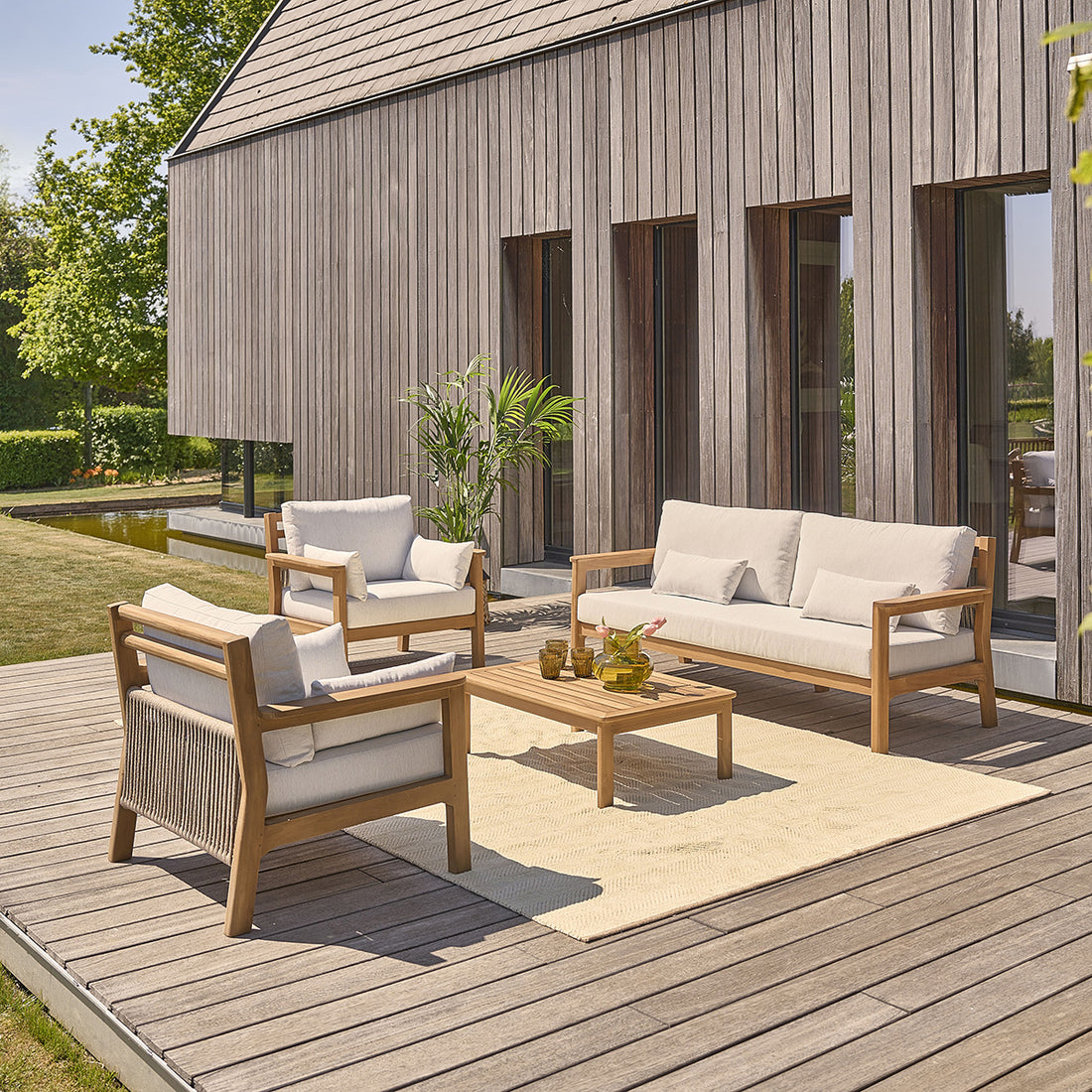 MAORA - Conjunto de muebles de jardín bajo de teca maciza con cojines