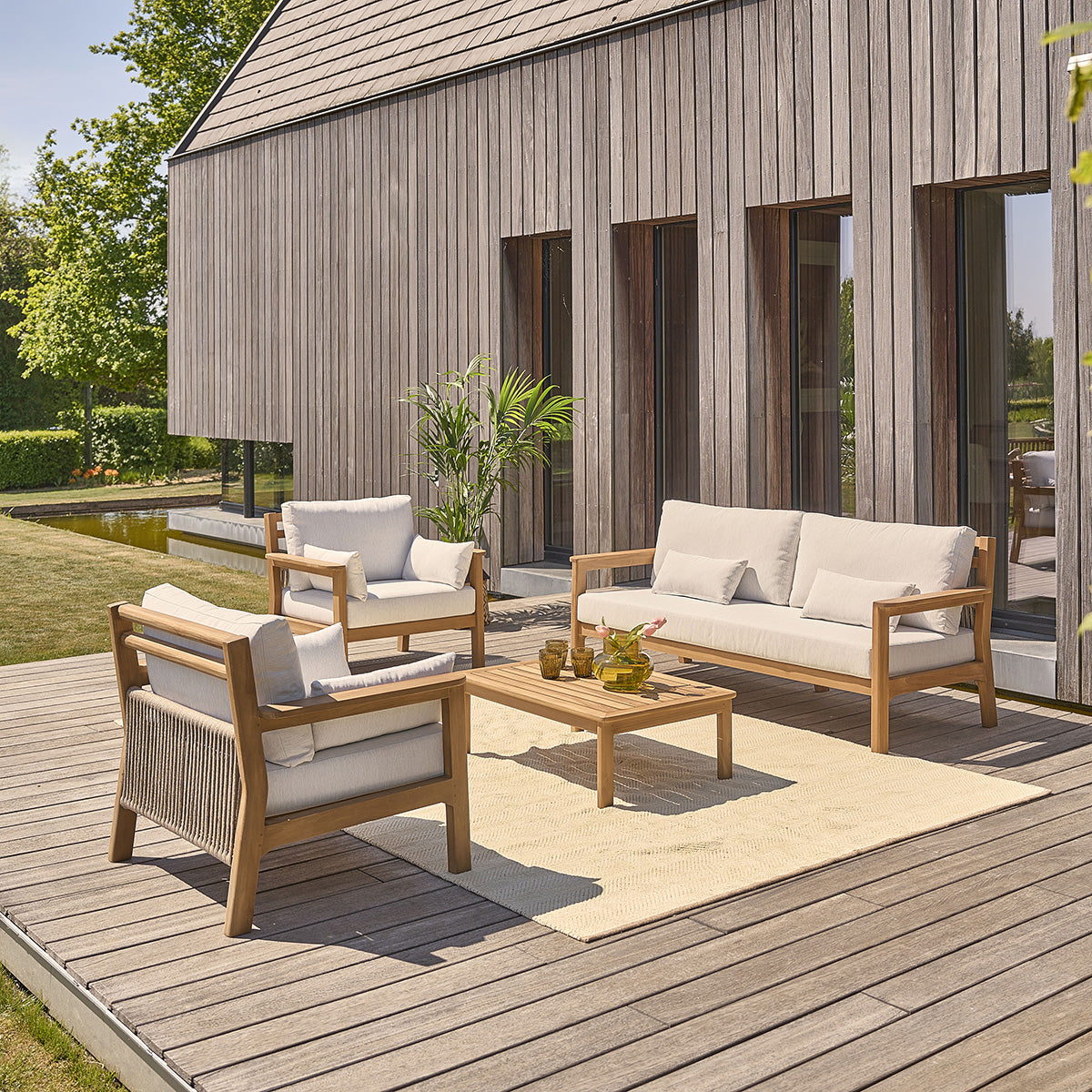 MAORA - Conjunto de muebles de jardín bajo de teca maciza con cojines