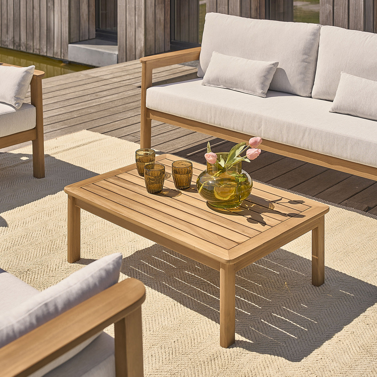 MAORA - Conjunto de muebles de jardín bajo de teca maciza con cojines