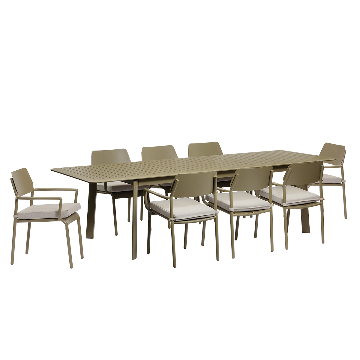 SARO - Conjunto de jardín extensible de aluminio en color caqui claro para 6-10 personas.