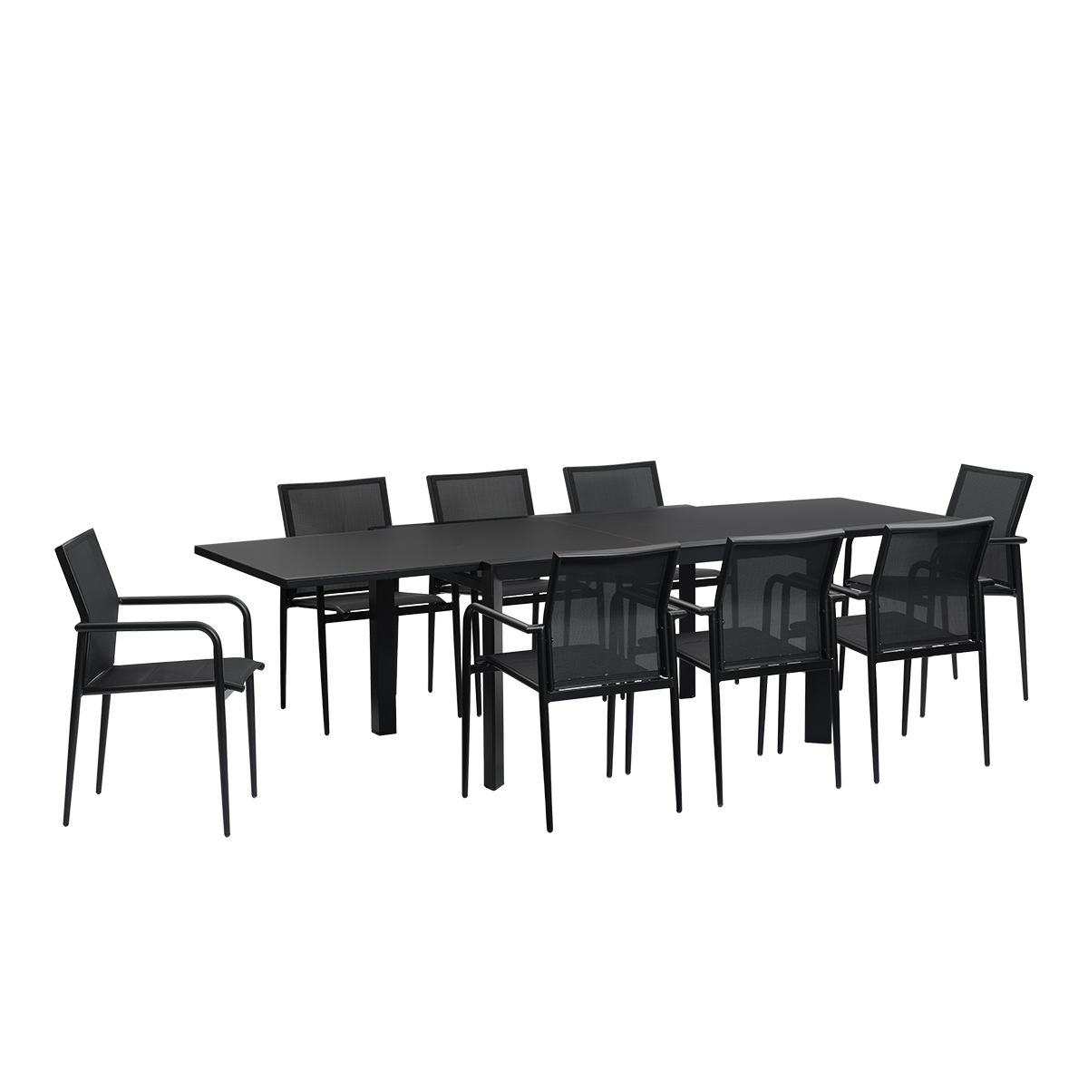 BASALT - Conjunto de jardín de aluminio y textilene extensible negro para 6-10 personas.