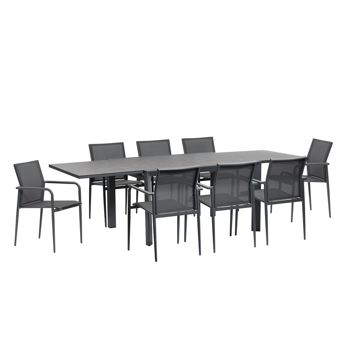 BASALT - Conjunto de jardín de aluminio, cristal y textilene gris para 6-10 personas.