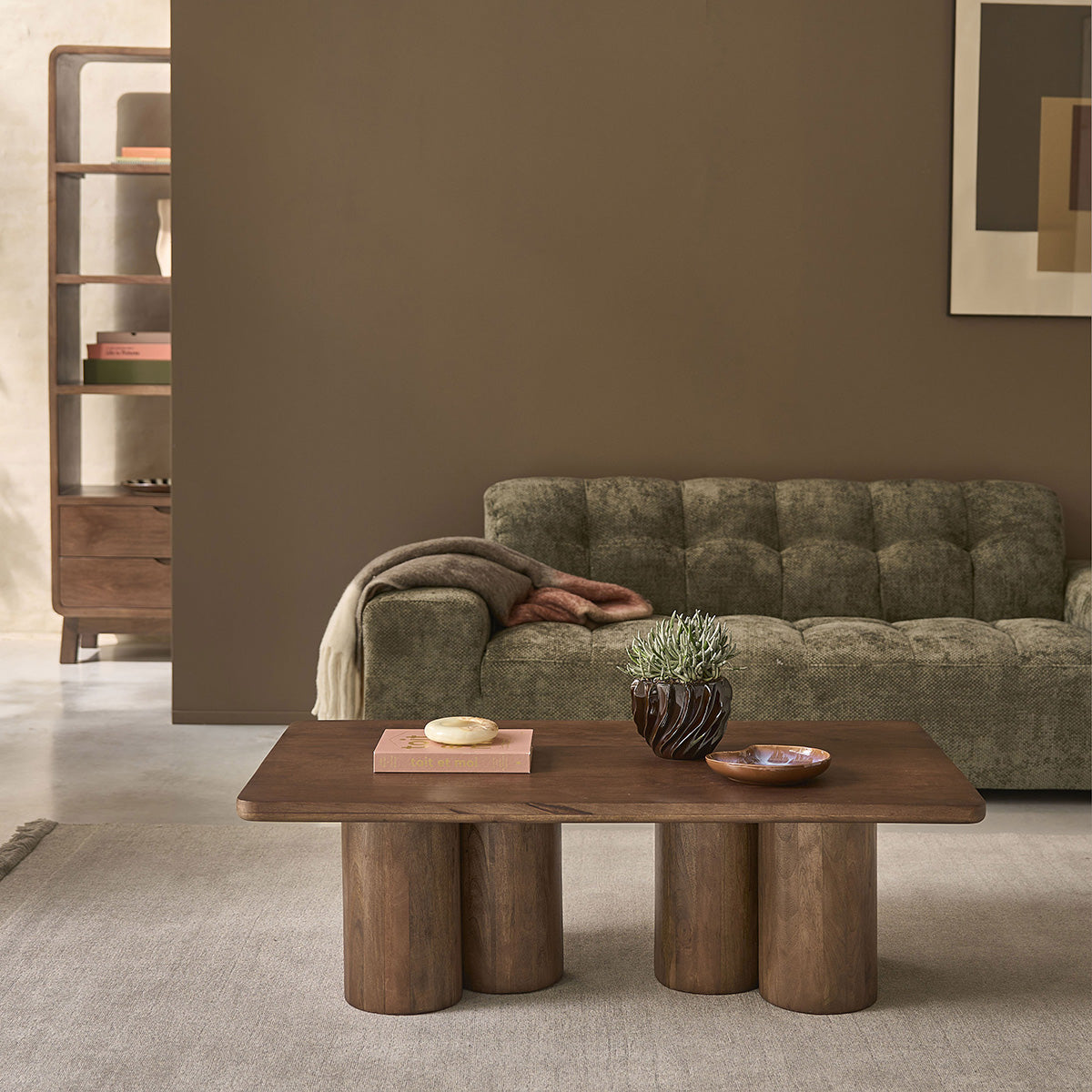 CLEO - Mesa de centro de madera maciza de mango marrón, 120 cm