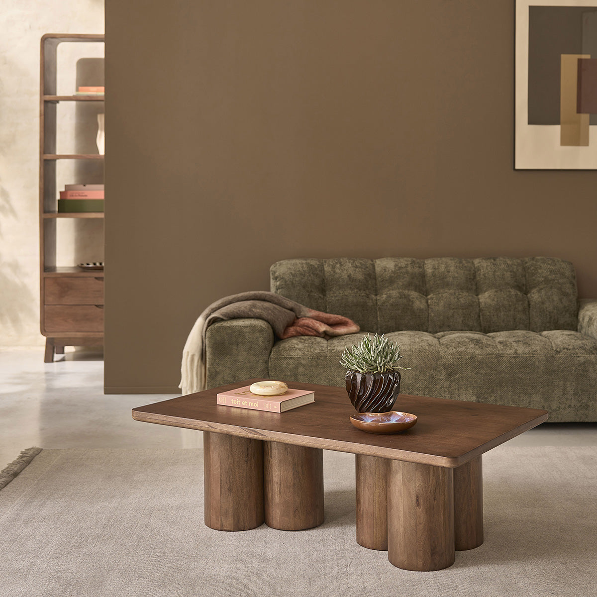CLEO - Mesa de centro de madera maciza de mango marrón, 120 cm