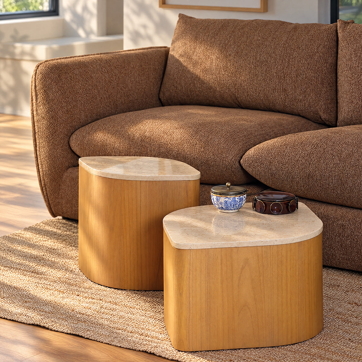 ADA - Mesa de centro de madera maciza de mindi natural y mármol, 74,5 cm