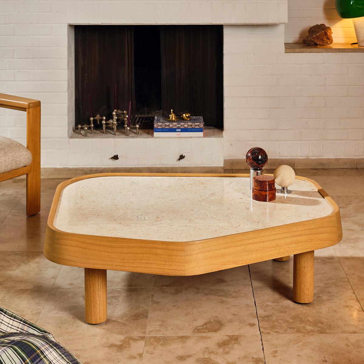 SIMONE - Mesa de centro de madera de mindi natural y mármol, 115 cm