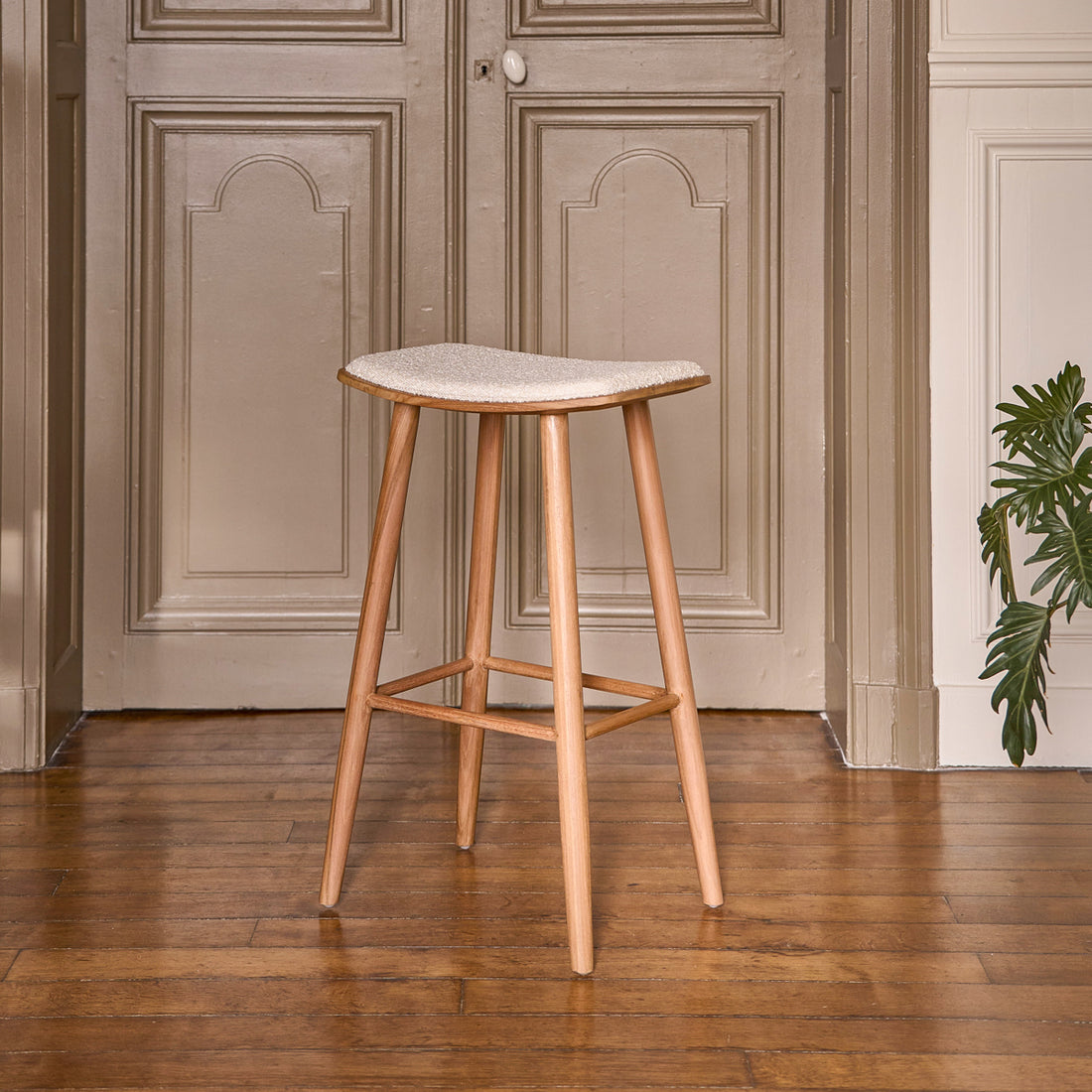 AMBRE - Taburete de teca maciza, asiento de bouclette 75 cm