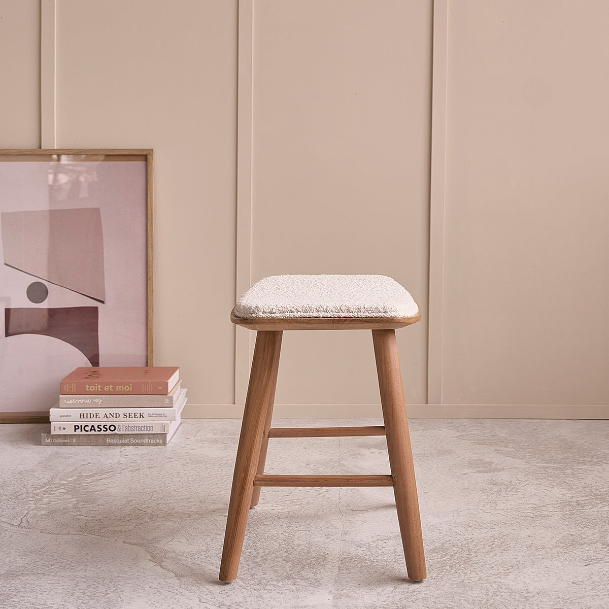 AMBRE - Taburete de teca maciza, asiento de bouclette 45 cm