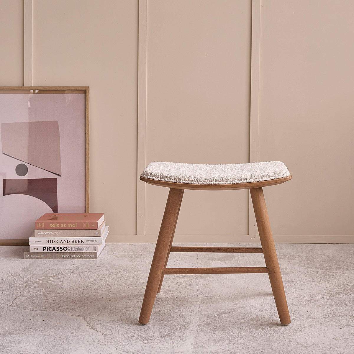 AMBRE - Taburete de teca maciza, asiento de bouclette 45 cm