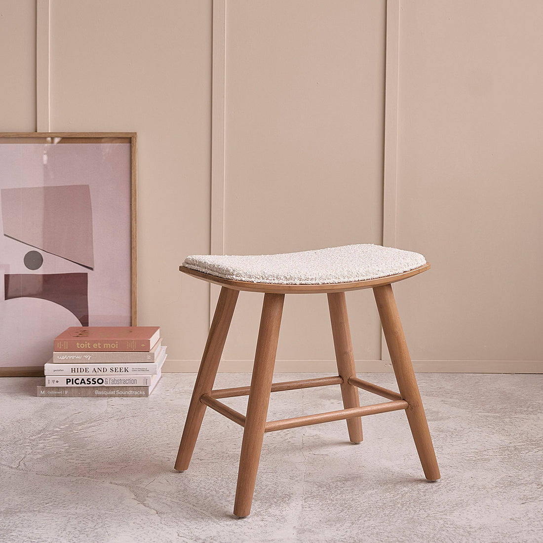 AMBRE - Taburete de teca maciza, asiento de bouclette 45 cm