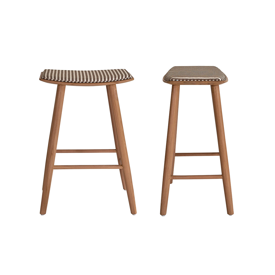 AMBRE - Lote de 2 taburetes de teca maciza con asiento de rayas 65 cm
