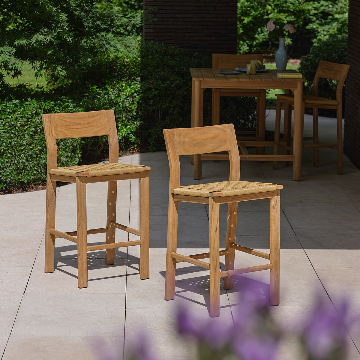 PIANA - Silla de bar de jardín de teca maciza (juego de 2)