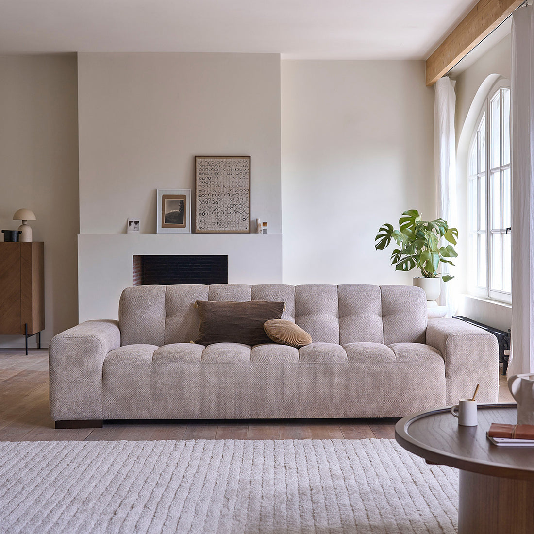 ALPHONSE - Sofá recto de 4 plazas de terciopelo trenzado beige