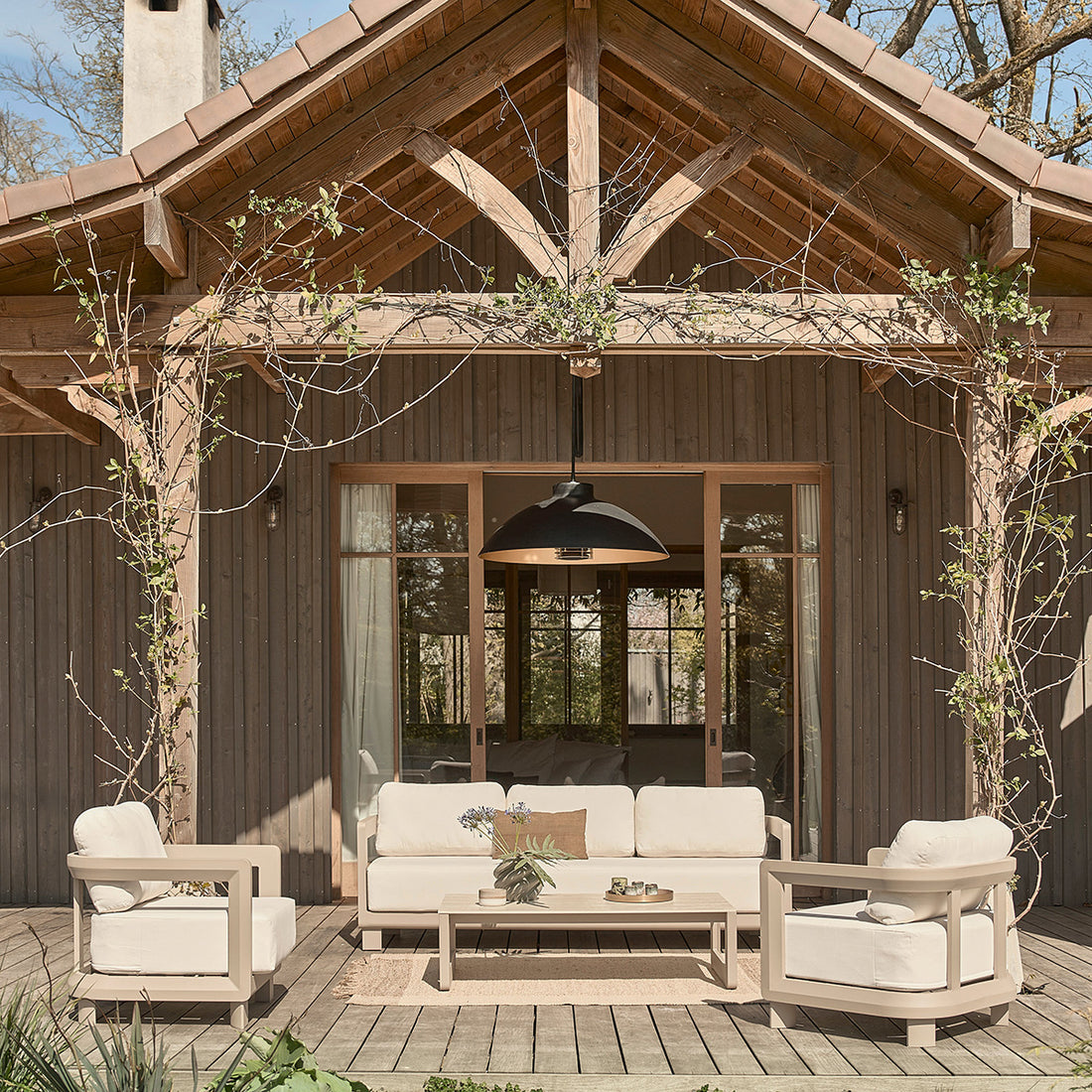 CALIZA - Conjunto de muebles de jardín bajo de aluminio color topo para 5 personas