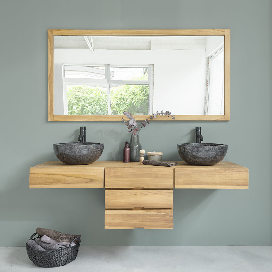 MILAN - Mueble de lavabo de teca maciza suspendido 160 cm