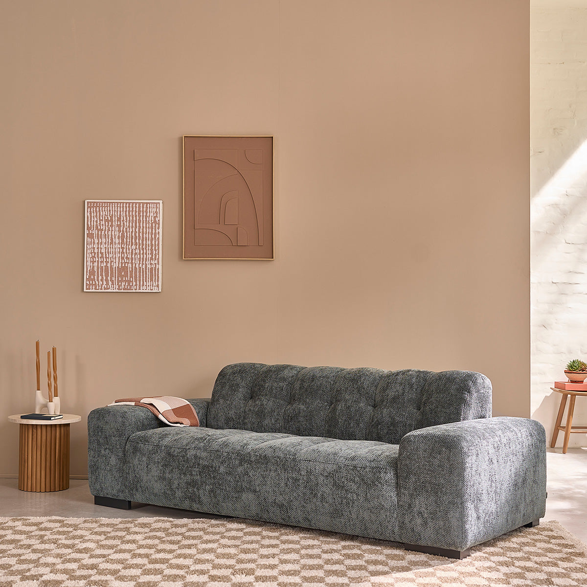 ALPHONSE - Sofá recto de 3 plazas en terciopelo trenzado verde grisáceo