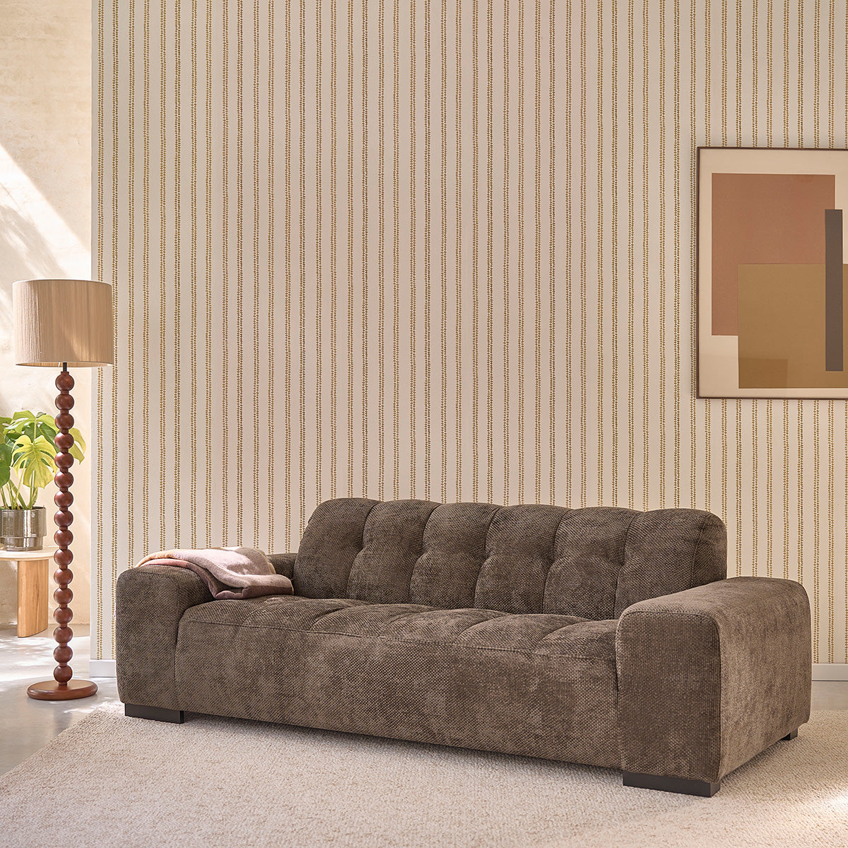 ALPHONSE - Sofá recto de 3 plazas en terciopelo trenzado moca