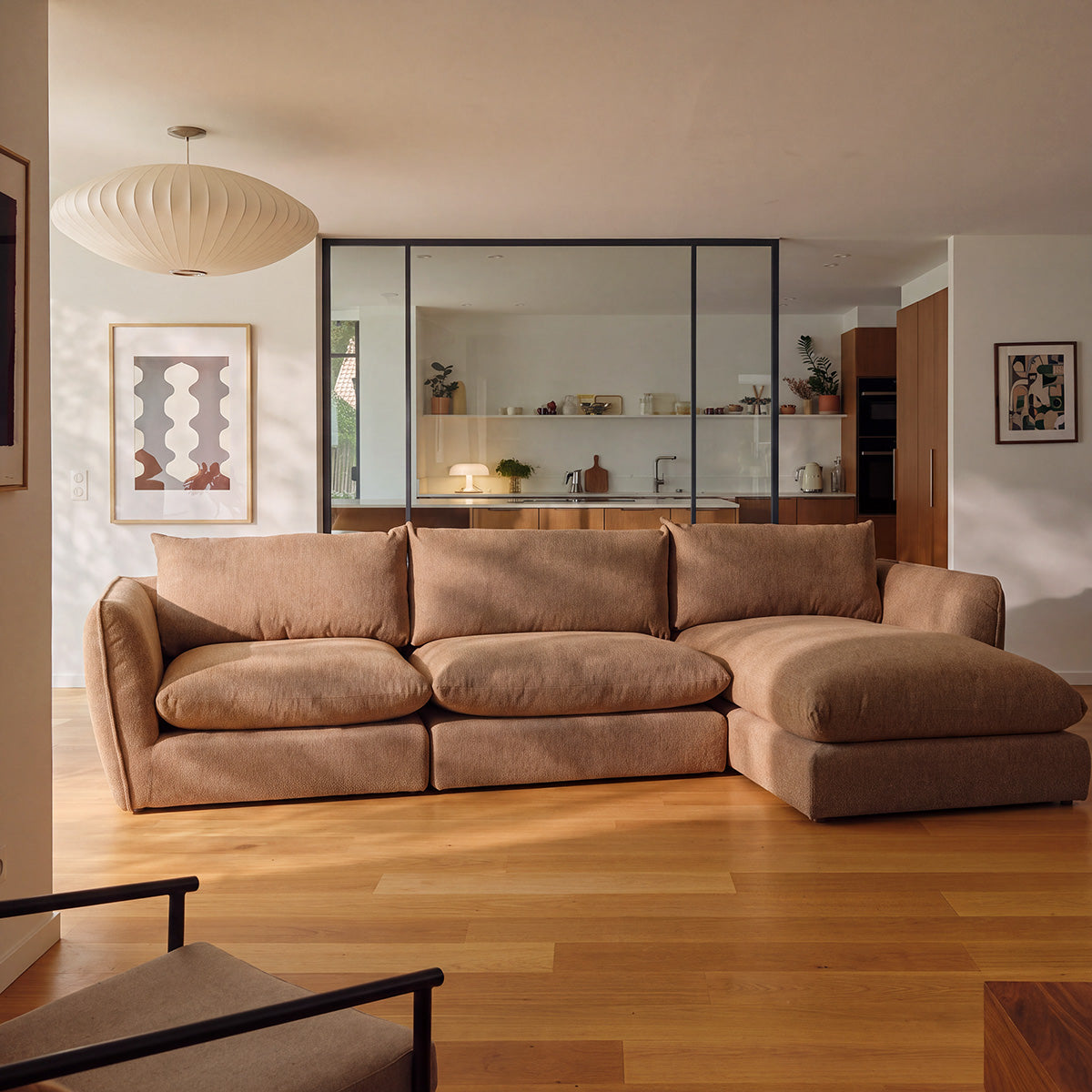 LEOPOLD - Sofá esquinero modular de 3 plazas en tejido texturizado marrón claro jaspeado - chaise longue recta