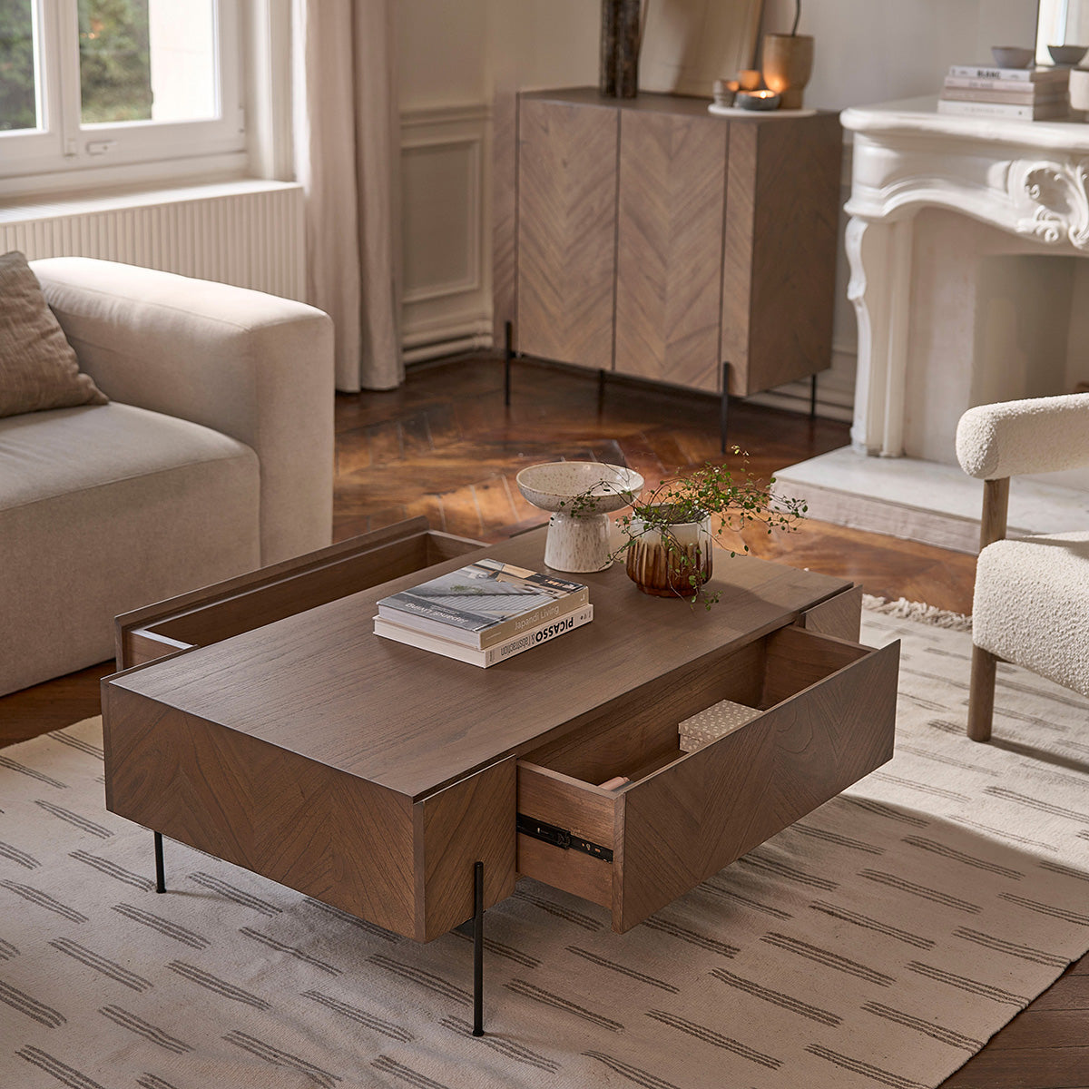 CALIX - Mesa de centro de mindi macizo y metal acabado nogal 120 cm