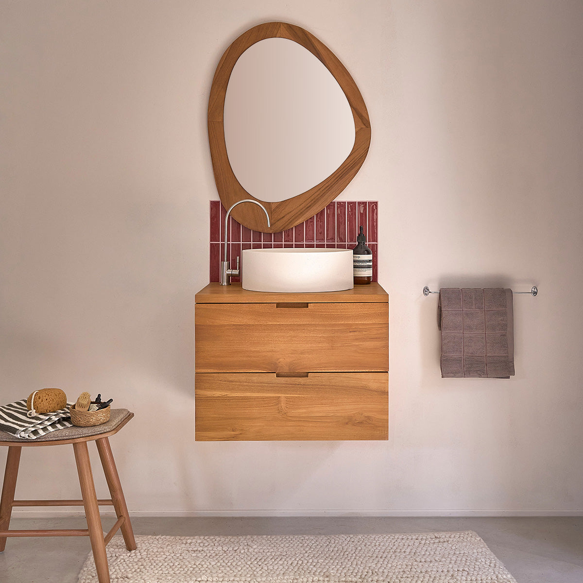 MAË - Mueble bajo lavabo suspendido de teca maciza de 60 cm