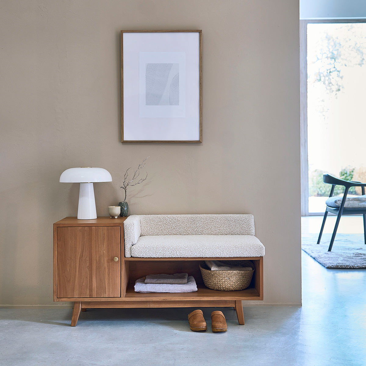 SERENE - Banco de teca maciza y tejido buclé de 120 cm