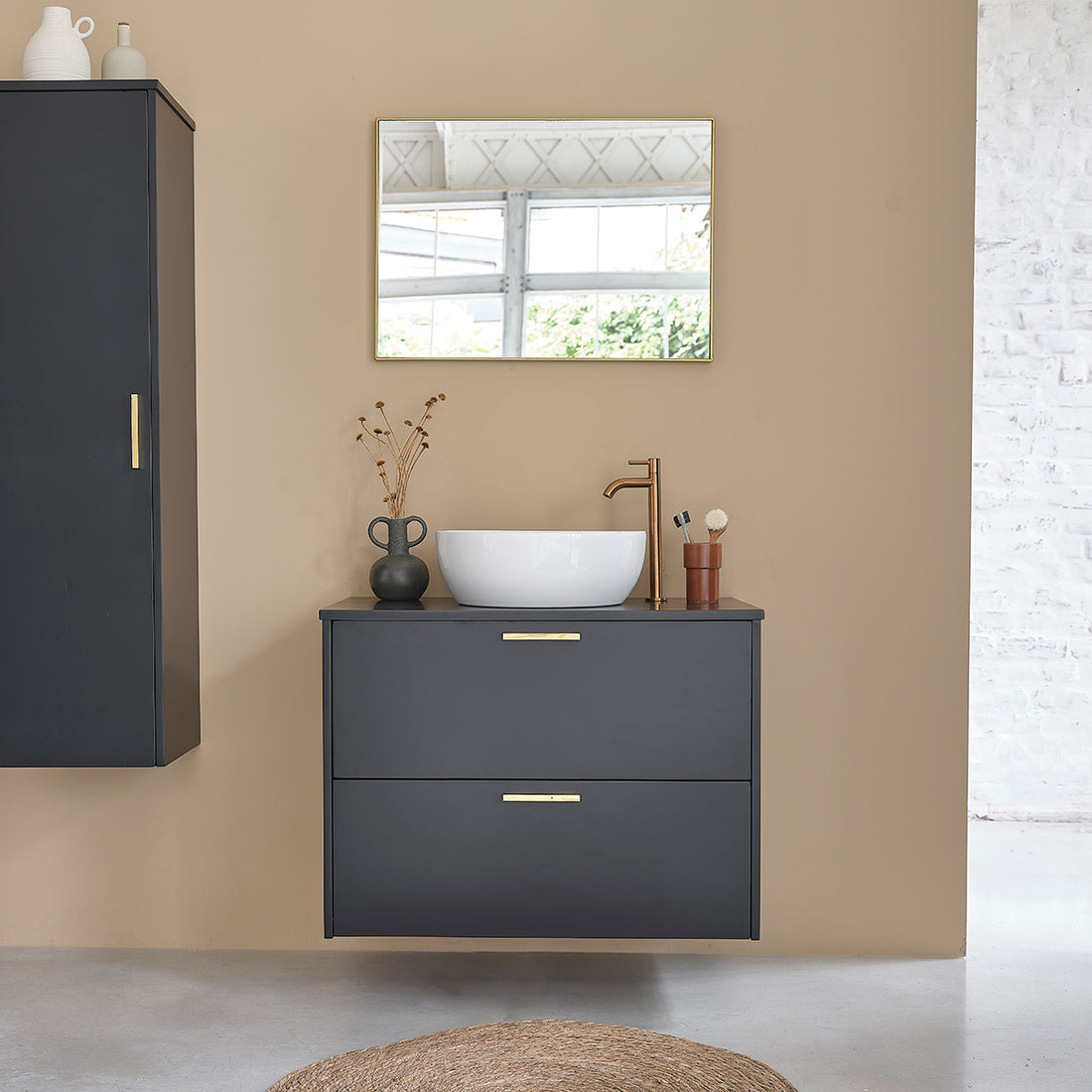 LUNA - Mueble suspendido para lavabo de acacia maciza negra de 80 cm
