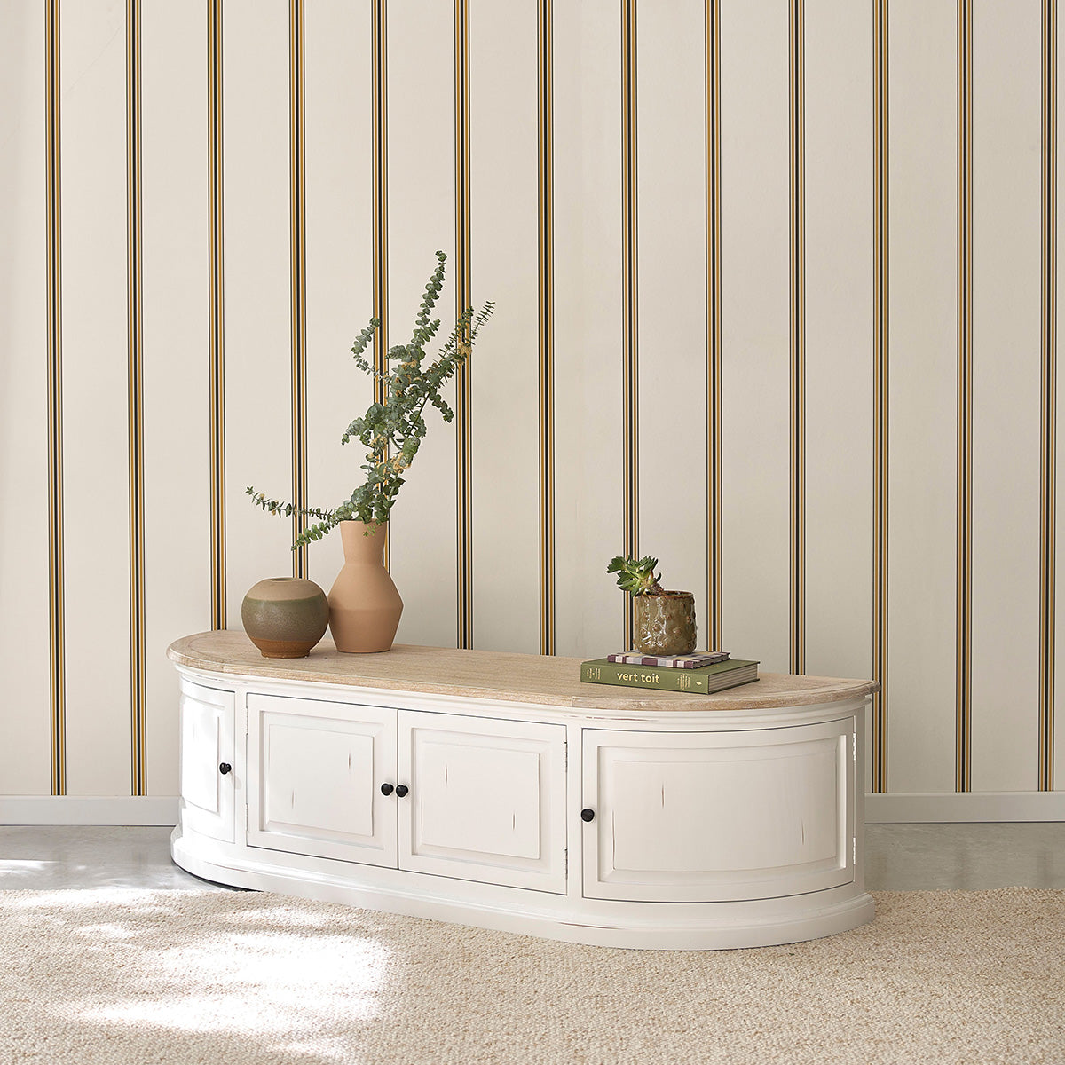 DEMEURE - Mueble de TV de madera de caoba y teca blanco 160 cm
