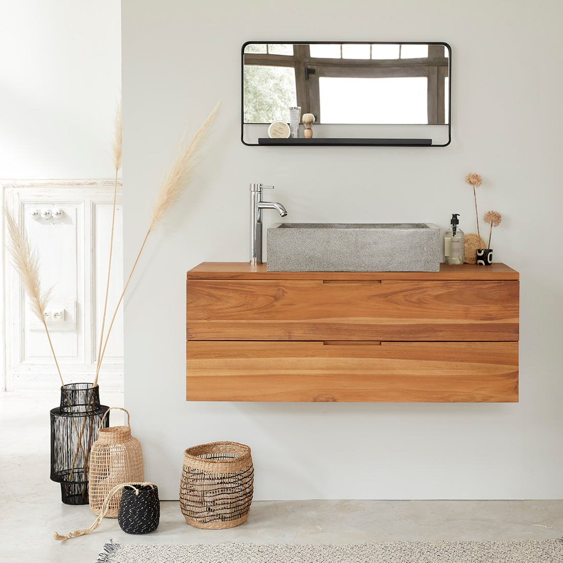 MAË - Mueble de lavabo de teca maciza suspendido 115 cm