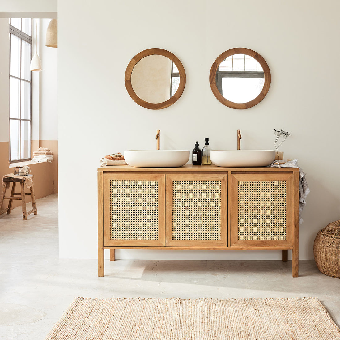ELIOTT - Mueble de lavabo de teca maciza y rejilla 145 cm