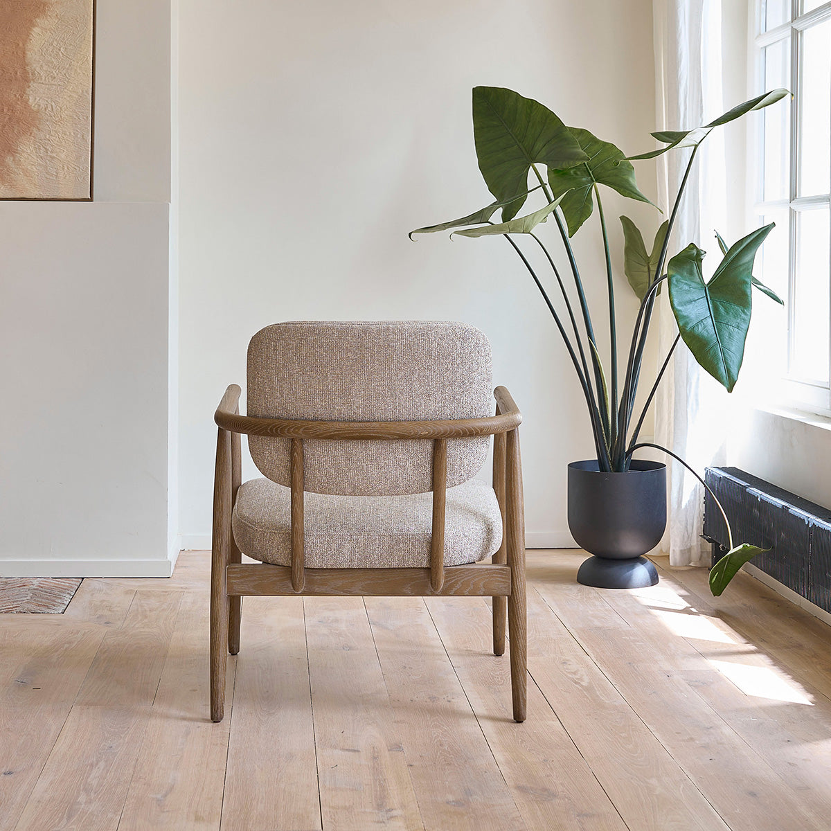 EUGÈNE - Sillón de madera de roble y tejido texturizado beige chiné