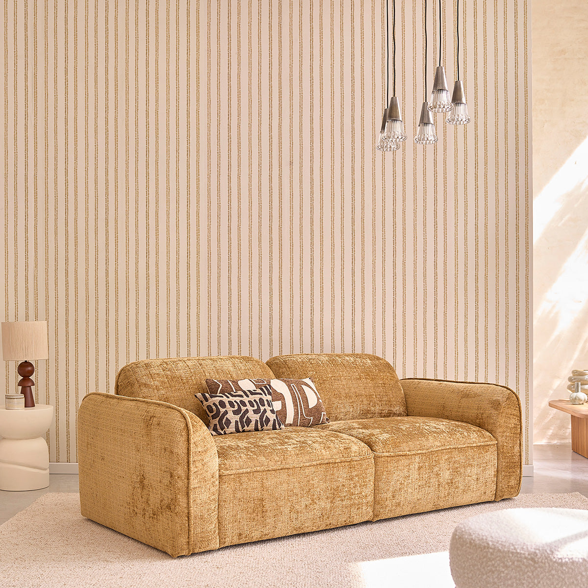 HECTOR - Sofá recto de 3 plazas en terciopelo texturizado ocre