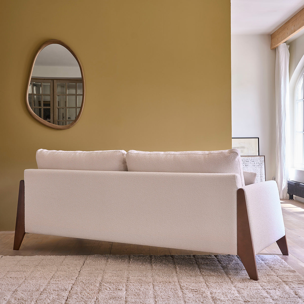 ONDINE - Sofá recto de 3 plazas de madera maciza y tejido bouclette blanco