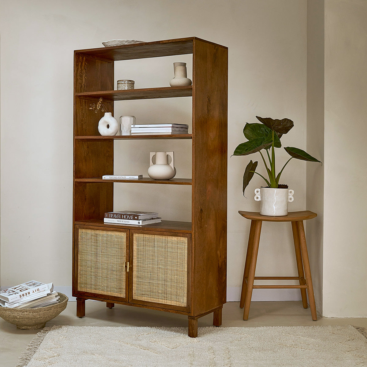 RAPHAEL - Librería de mango con acabado de nogal y rejilla de 170 cm